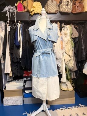 Light Blue and Ivory Denim Trench Vest